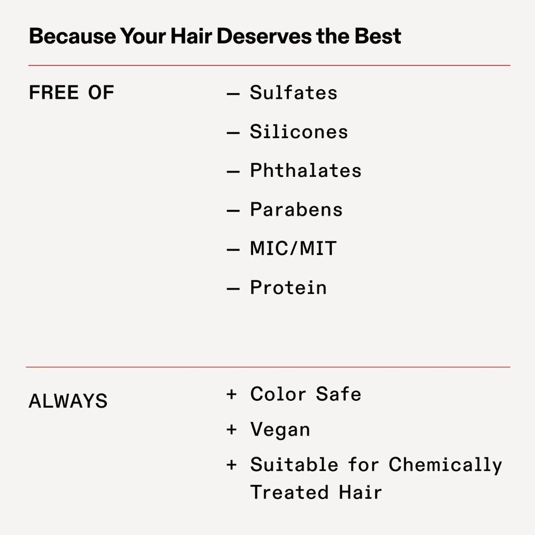 Product label highlighting ingredients and benefits of a hair care product on a white background.
