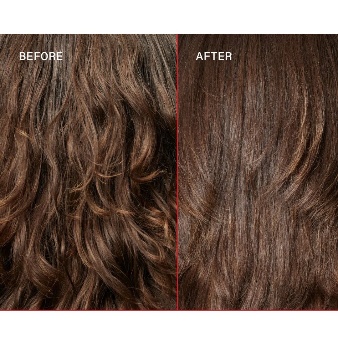 Before and after comparison of hair texture and shine, showing frizzy, wavy brown hair on the left and smooth, sleek brown hair on the right.