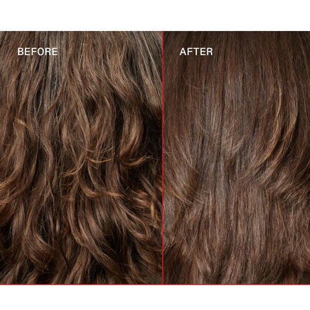 Before and after comparison of hair texture and shine, showing frizzy, wavy brown hair on the left and smooth, sleek brown hair on the right.