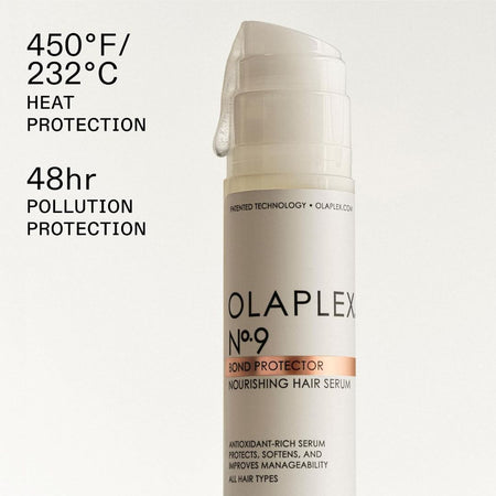 Olaplex No.9 Bond Protector Nourishing Hair Serum with text on heat and pollution protection on a white background