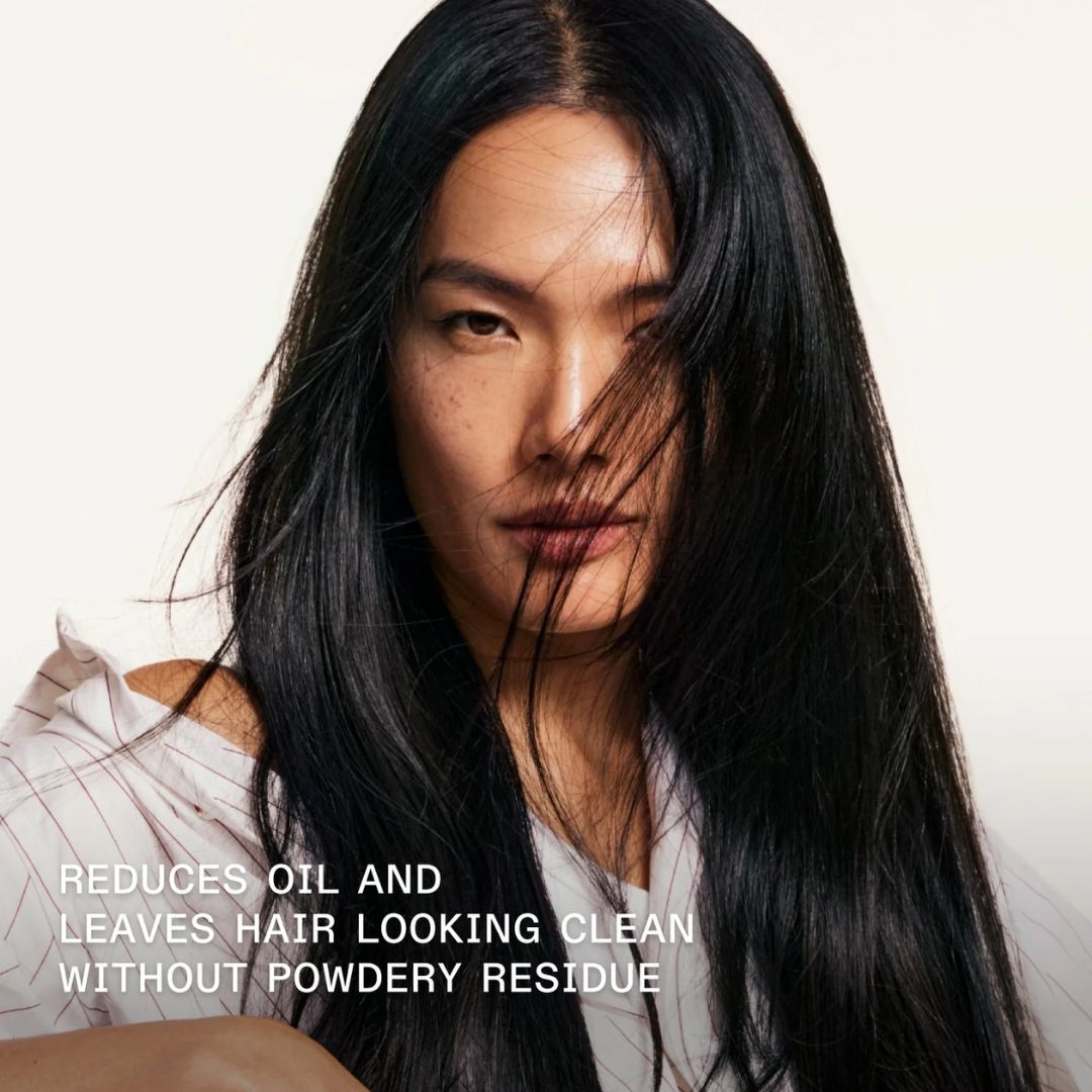 Woman with long black hair against a white background, with text about hair care product benefits.