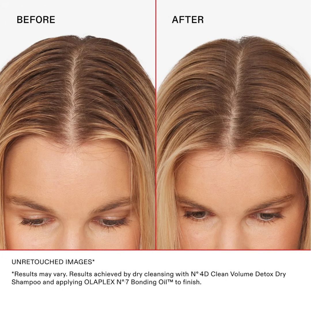 Before and after comparison of hair treatment with a woman's face shown.