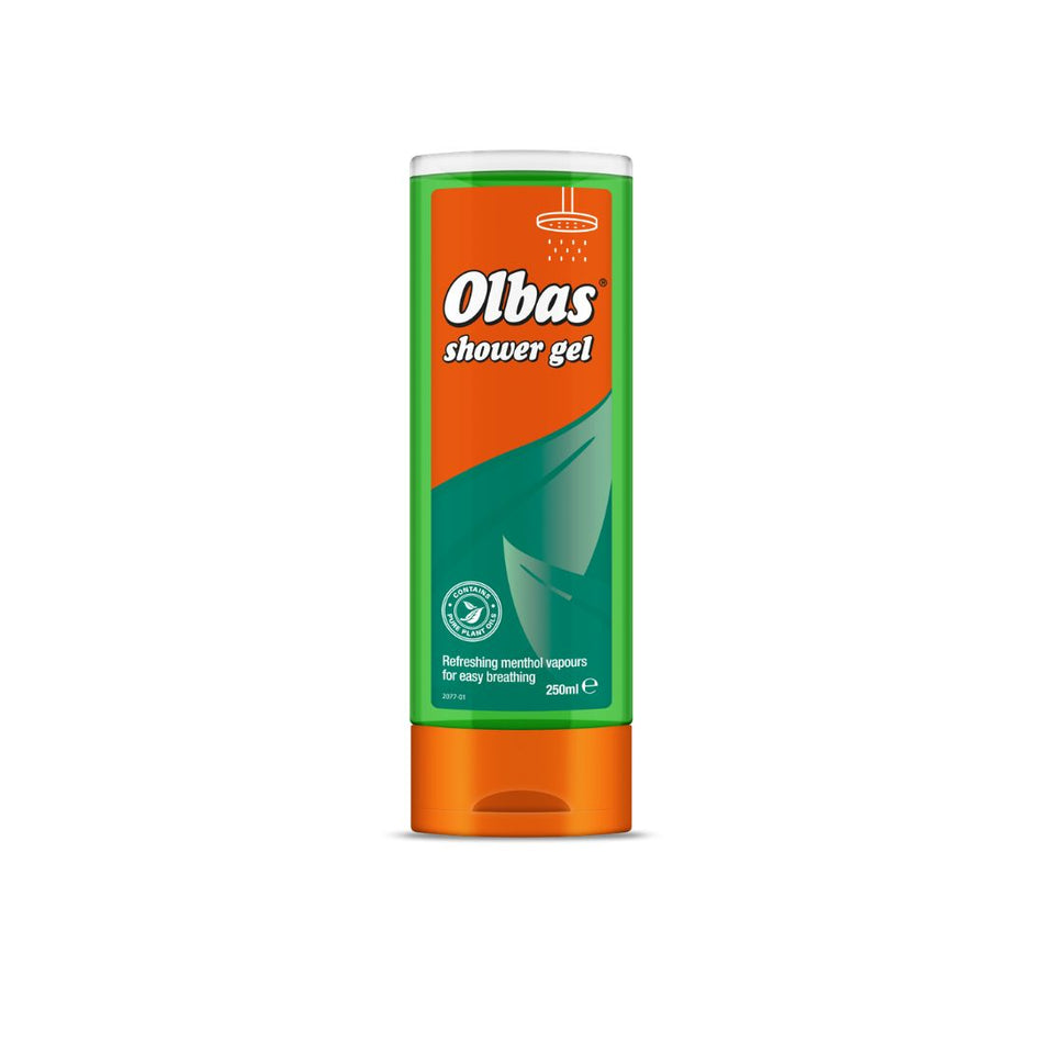 A 250ml tube of Olbas Shower Gel on a plain white background. The packaging features a bright orange and green design with the brand name 'Olbas' in white text.