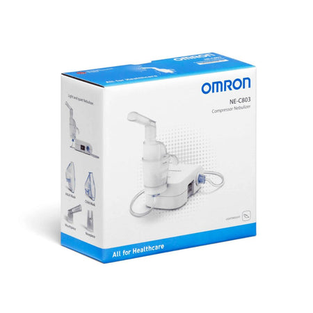Omnipod NE-C803 compression nebulizer retail packaging box, featuring a white and blue design with product imagery on the front.