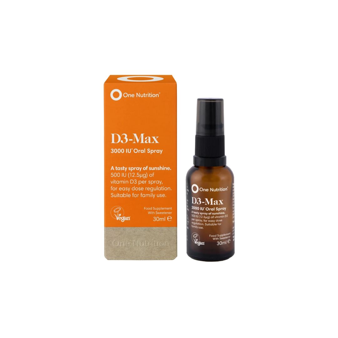 One Nutrition D3-Max 3000IU Vitamin D Oral Spray packaging and bottle on a white background
