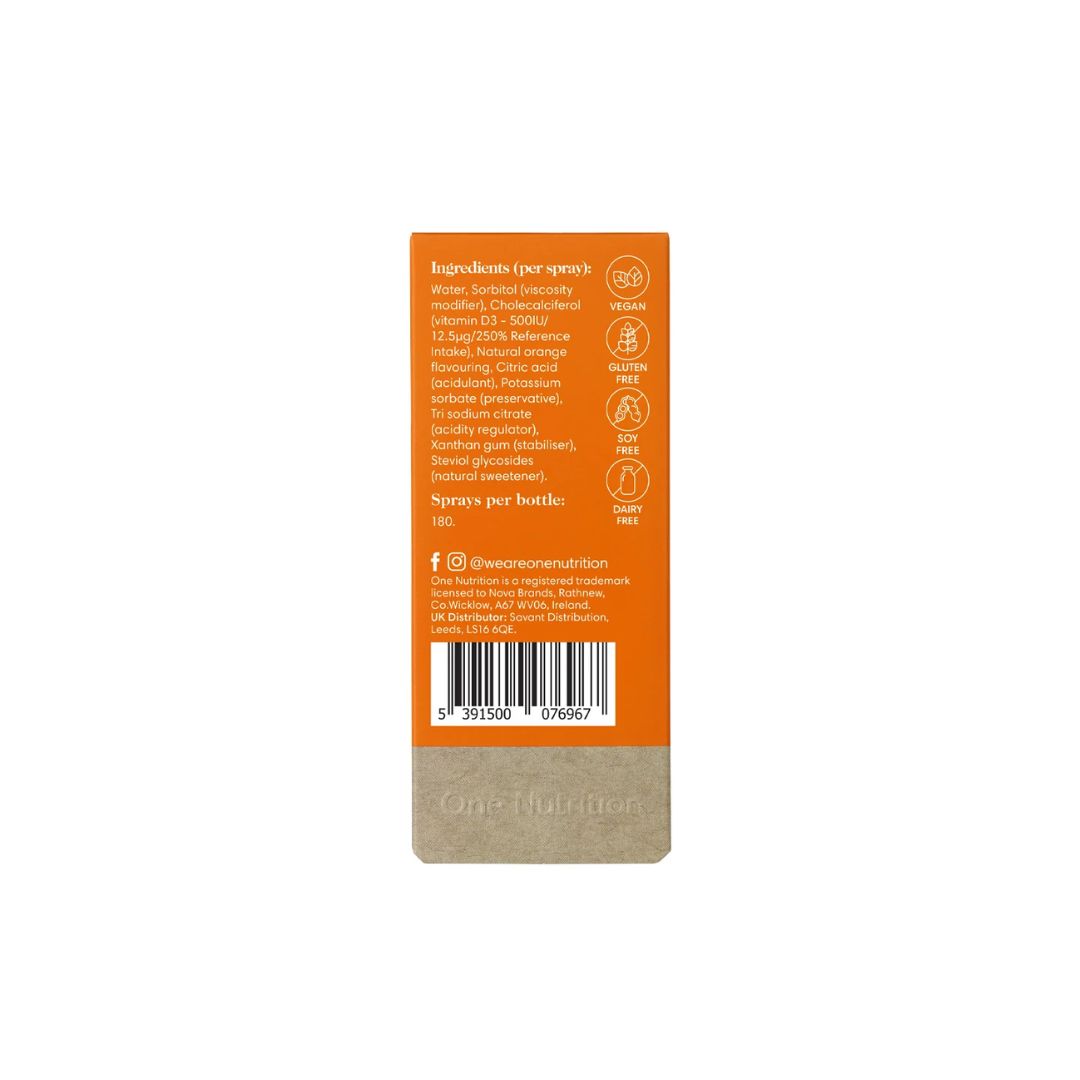 One Nutrition D3-Max 3000IU Vitamin D Oral Spray packaging (rear angle) on a white background