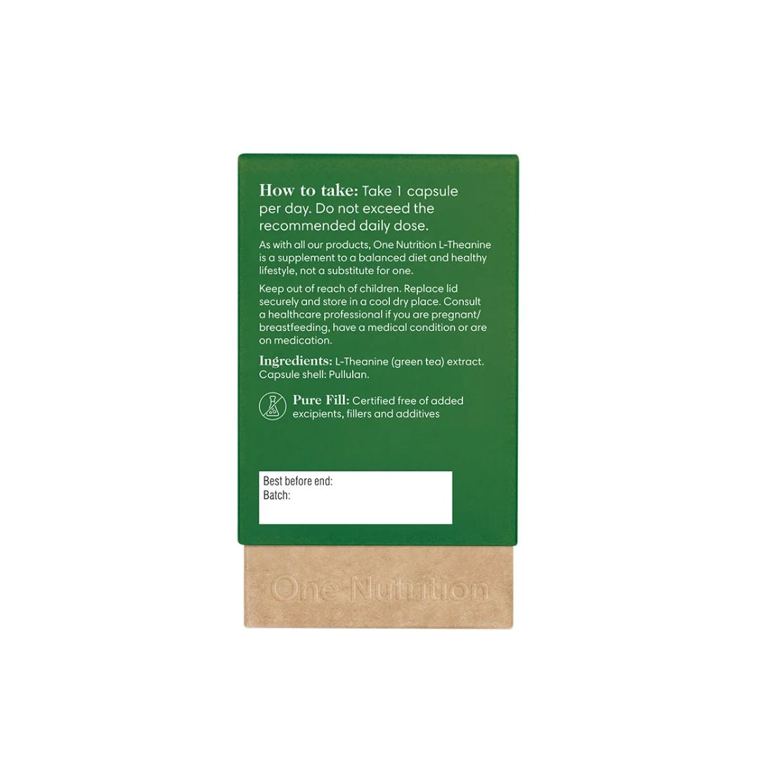 One Nutrition L-Theanine 30 Capsules packaging (rear angle) on a white background