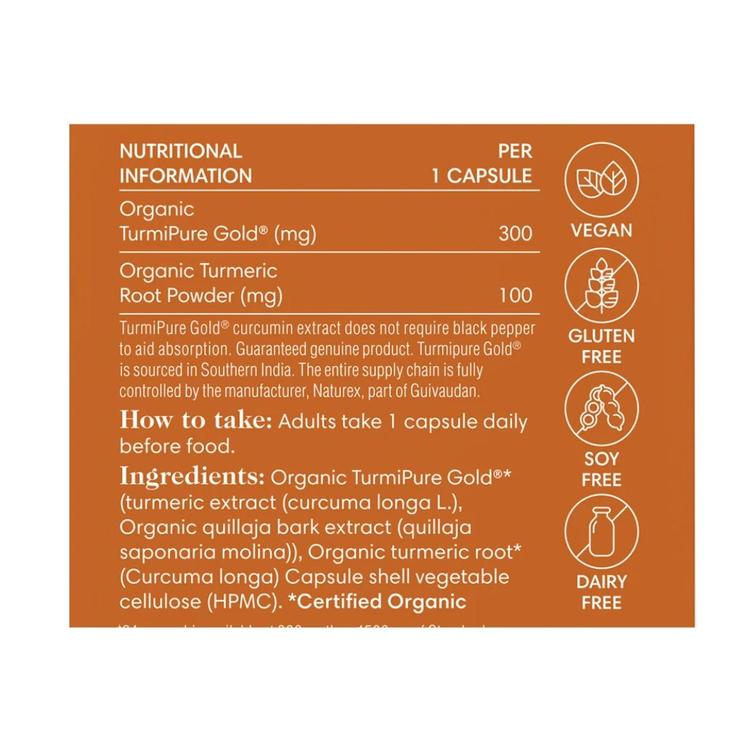 One Nutrition Turmeric Max 30 Capsules 'NUTRITIONAL INFORMATION' graphic on an orange background