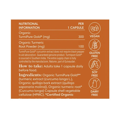 One Nutrition Turmeric Max 30 Capsules 'NUTRITIONAL INFORMATION' graphic on an orange background