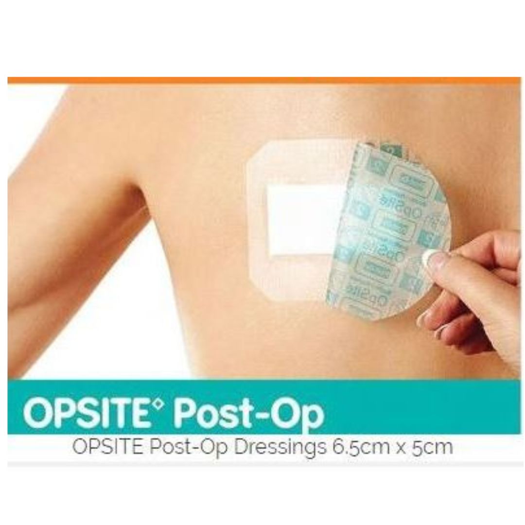 Person applying OPSITE Post-Op dressing on a wound with a white background