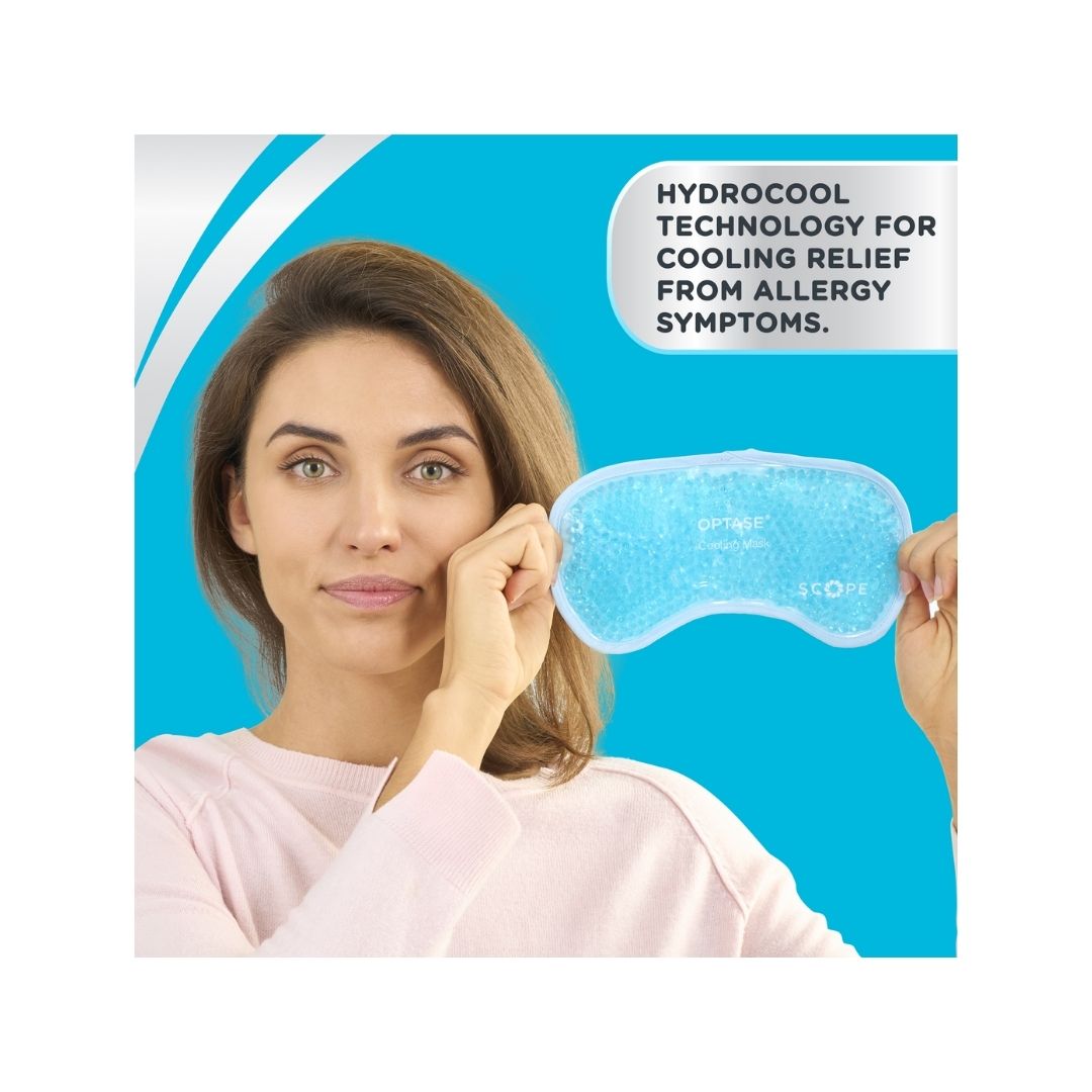 OPTASE Cooling Mask being held up by a woman on a blue background