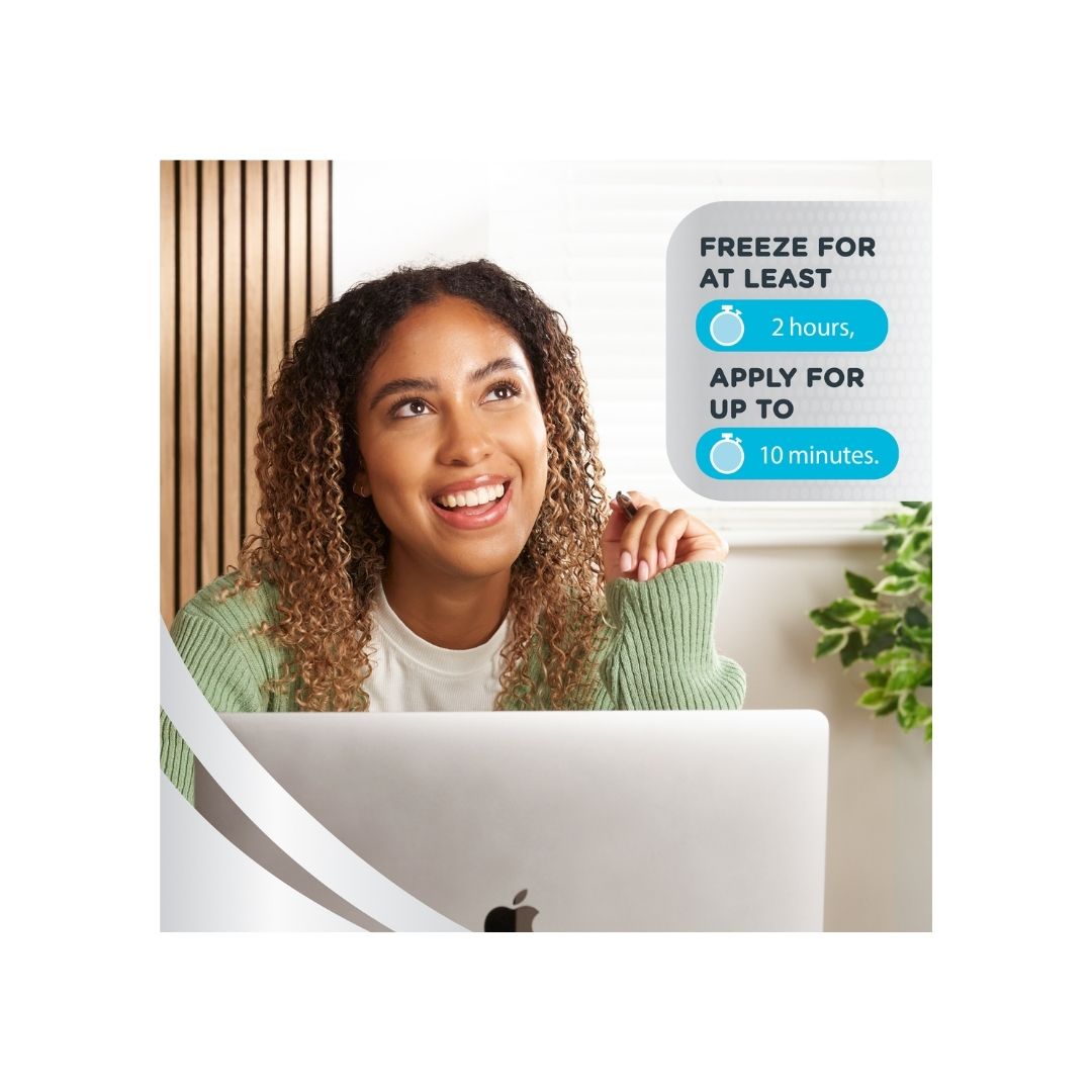 OPTASE Cooling Mask usage instructions on an image of a smiling woman in an office setting