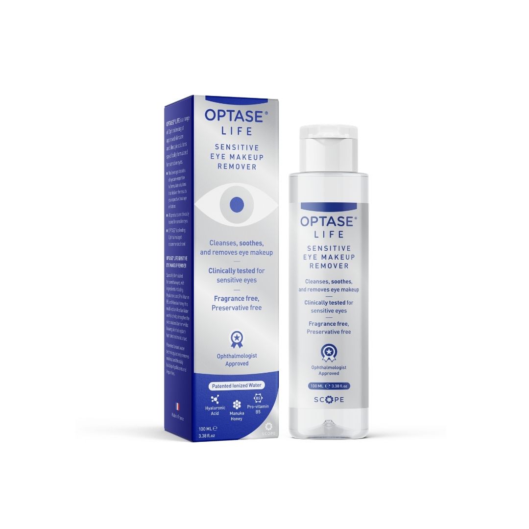 Optase Life Sensitive Eye Makeup Remover 100ml packaging and bottle on a white background