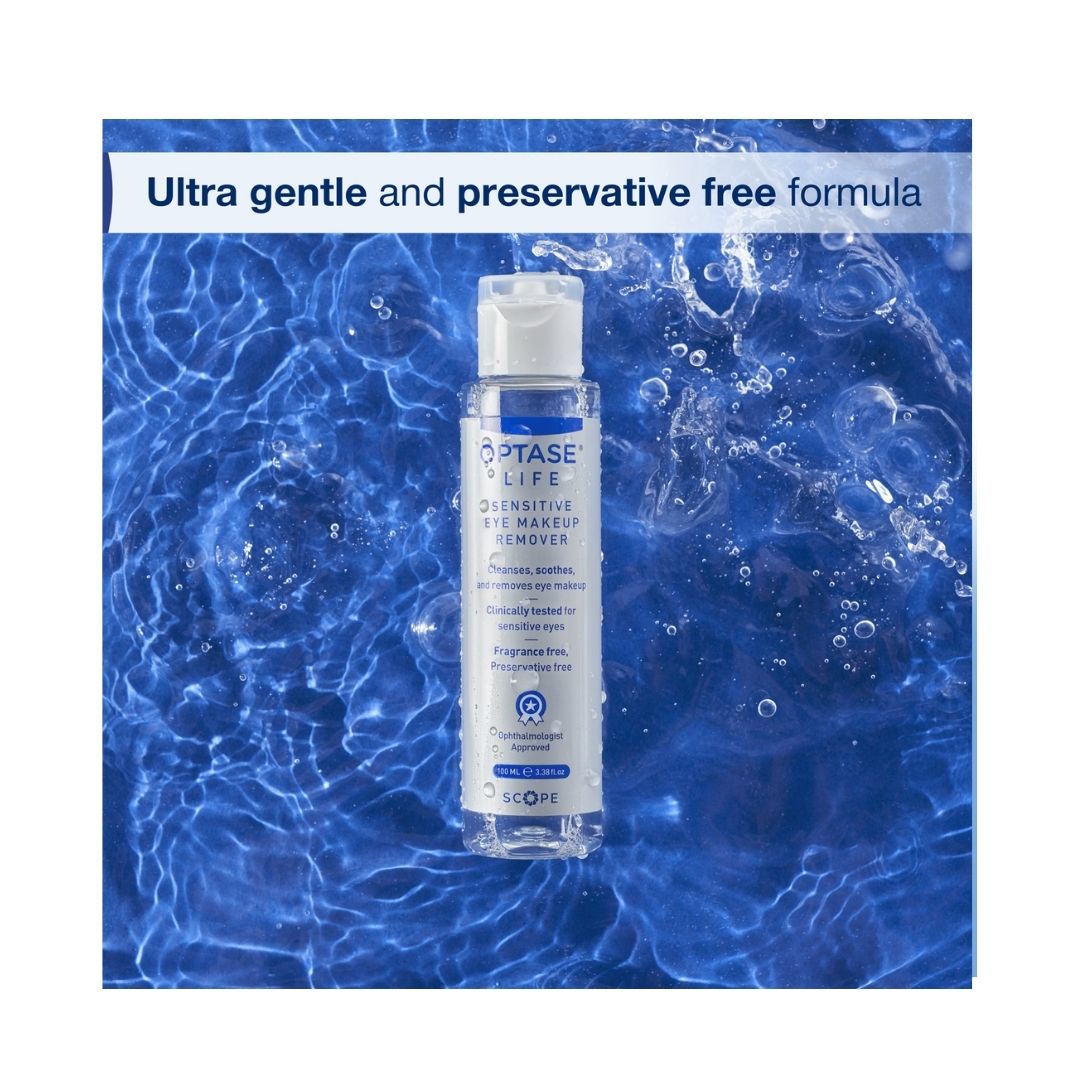 Optase Life Sensitive Eye Makeup Remover 100ml bottle in a swimming pool 
