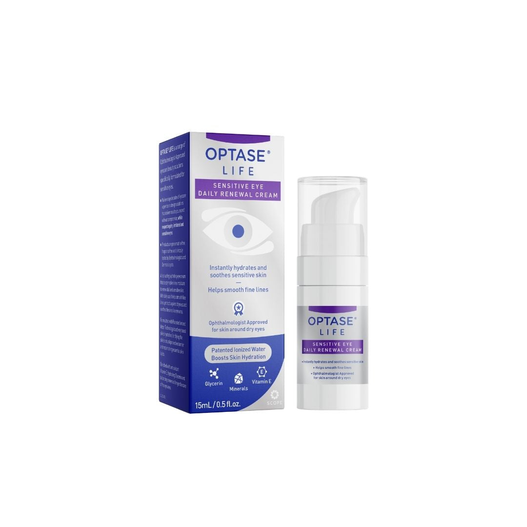 Optase Life Sensitive Eye Daily Renewal Cream packaging and pump on a white background