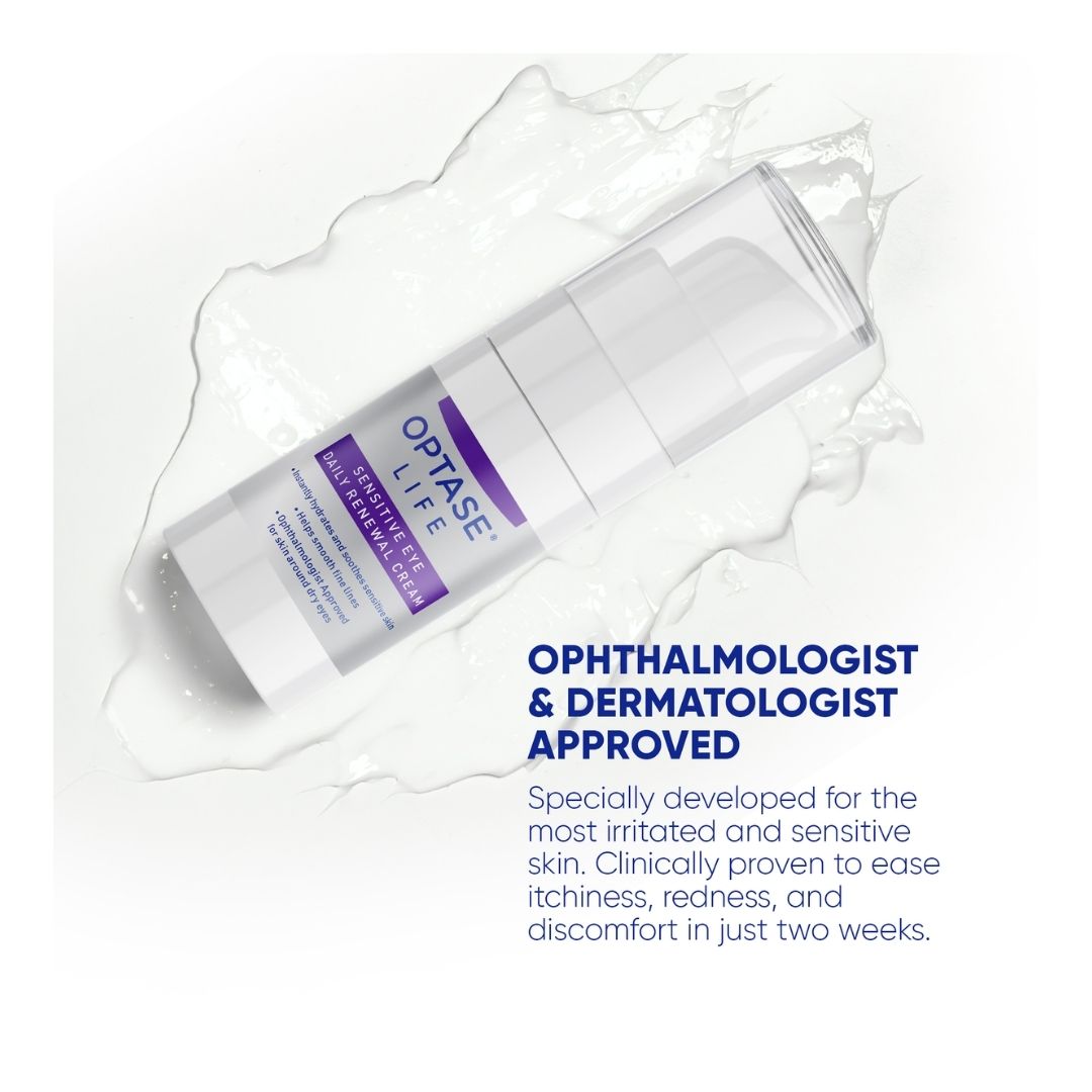 Optase Life Sensitive Eye Daily Renewal Cream 15ml container on a white background with caption 'OPTHALMOLOGIST & DERMATOLOGIST APPROVED' 