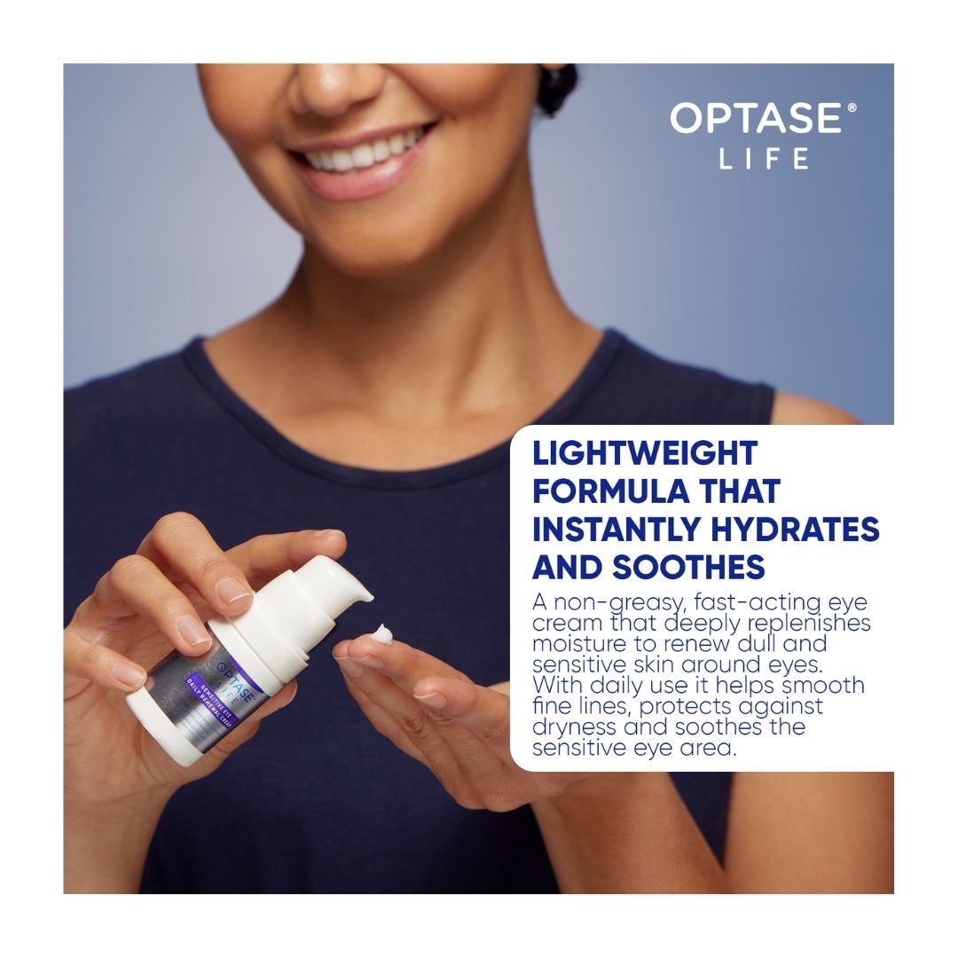 Optase Life Sensitive Eye Daily Renewal Cream 15ml 'Lightweight formula' graphic on a blue background