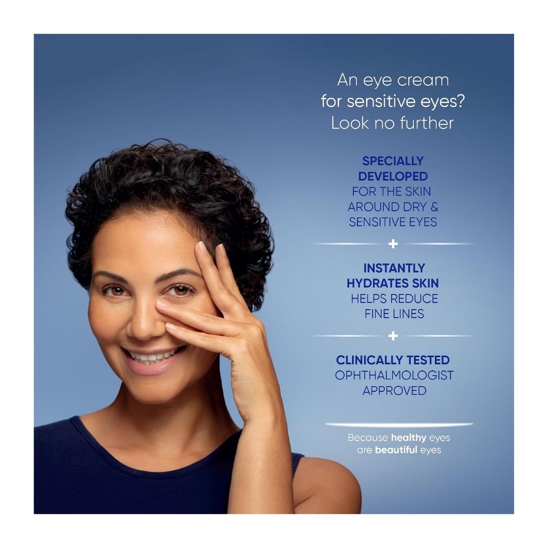 Optase Life Sensitive Eye Daily Renewal Cream product information on a blue background