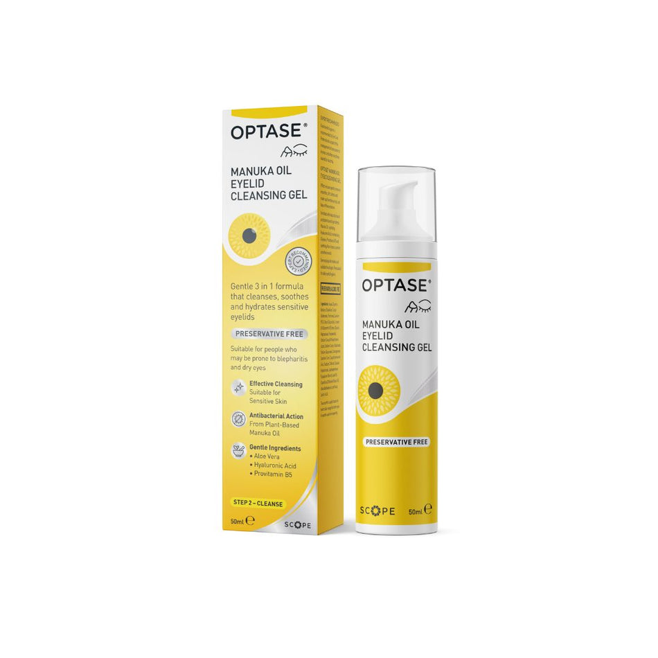 OPTASE Manuka Oil Eyelid Cleansing Gel shown with its retail box and pump bottle on a plain white background.