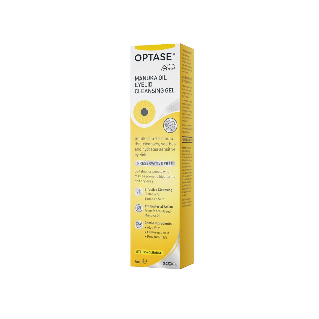 Optase Manuka Oil Eyelid Cleansing Gel in a yellow and white box, shown on a plain white background.