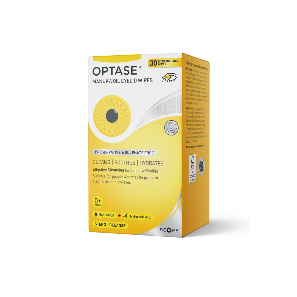 A box of Optase Manuka Oil Eyelid Wipes, Step 2, featuring a yellow and white design with a central graphic of a yellow eye, shown on a clean white background.