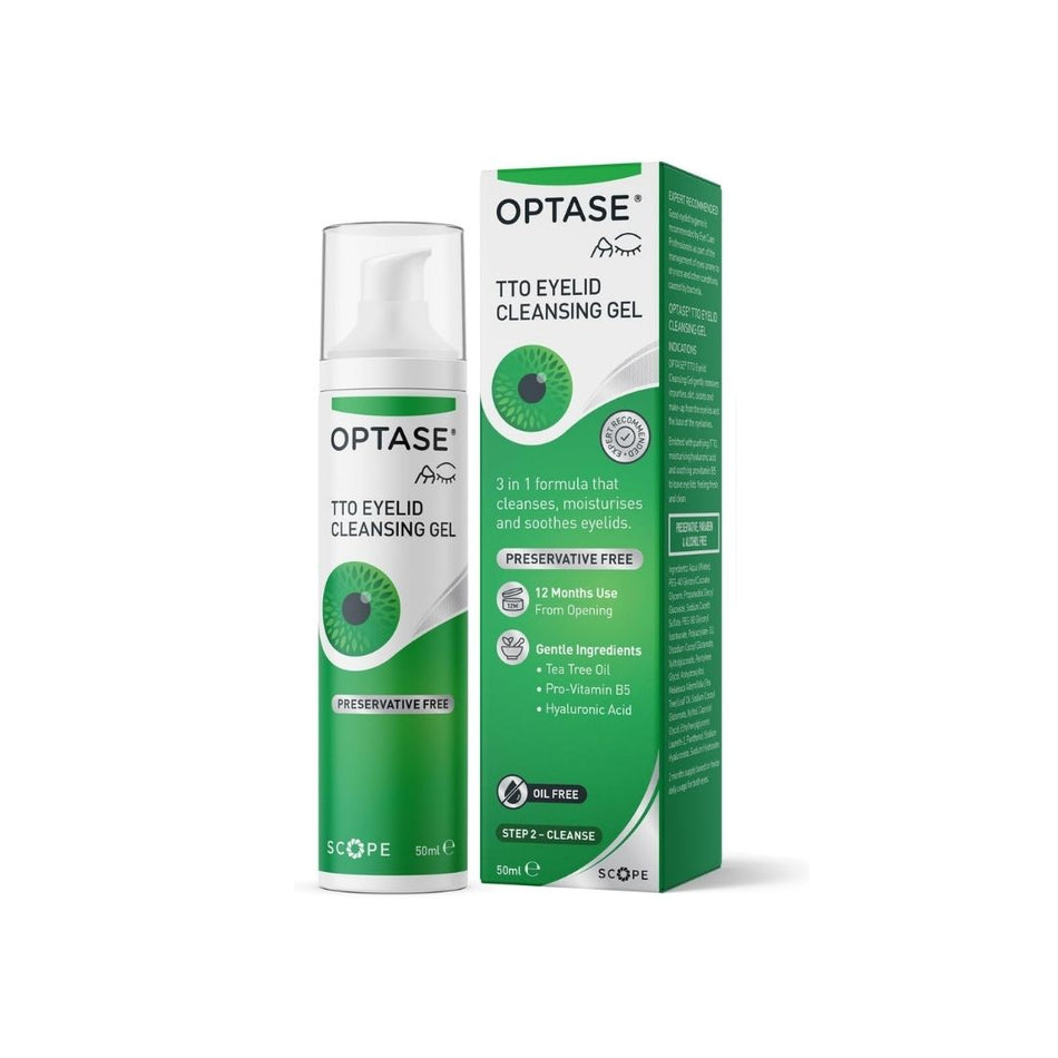 Optase Tea Tree Oil Eyelid Cleansing Gel bottle and packaging on a white background