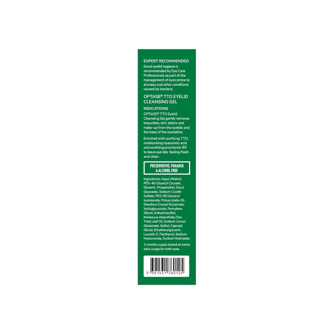 Optase Tea Tree Oil Eyelid Cleansing Gel packaging (side angle) on a white background