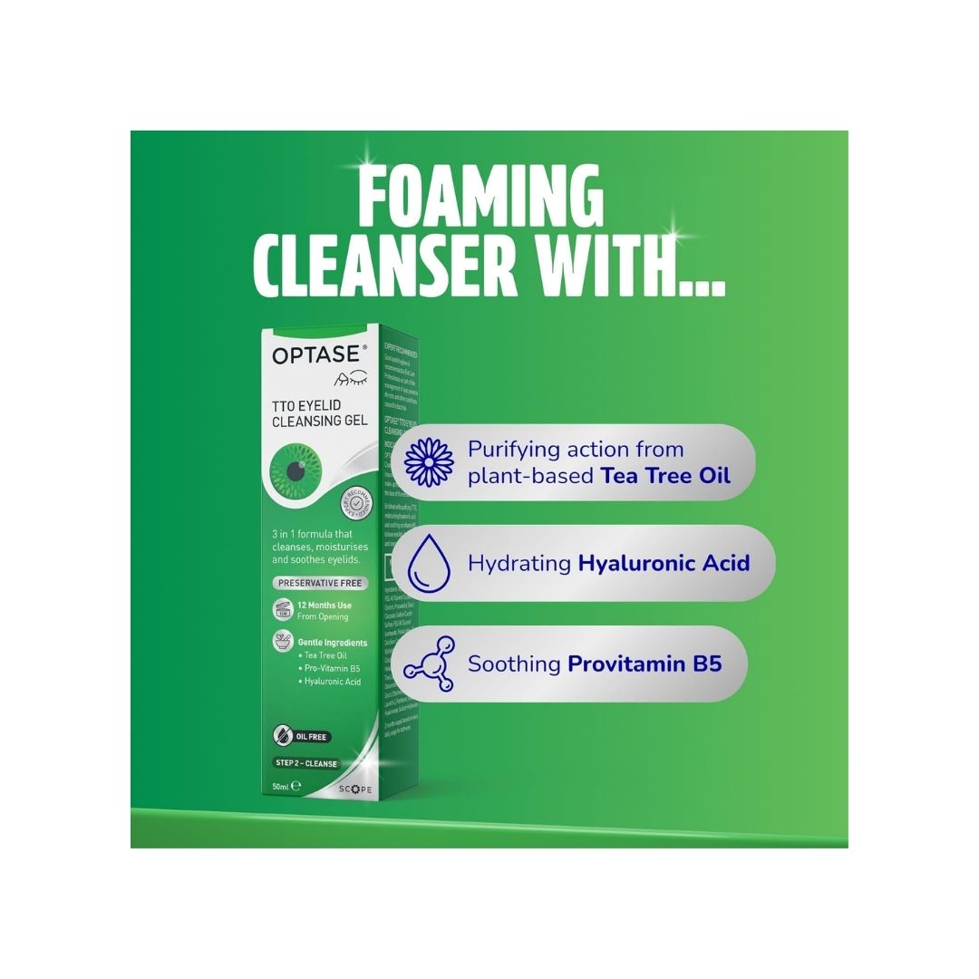 Optase Tea Tree Oil Eyelid Cleansing Gel 'FOAMING CLEANSER WITH.....' graphic on a green background