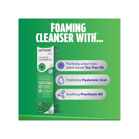 Optase Tea Tree Oil Eyelid Cleansing Gel 'FOAMING CLEANSER WITH.....' graphic on a green background
