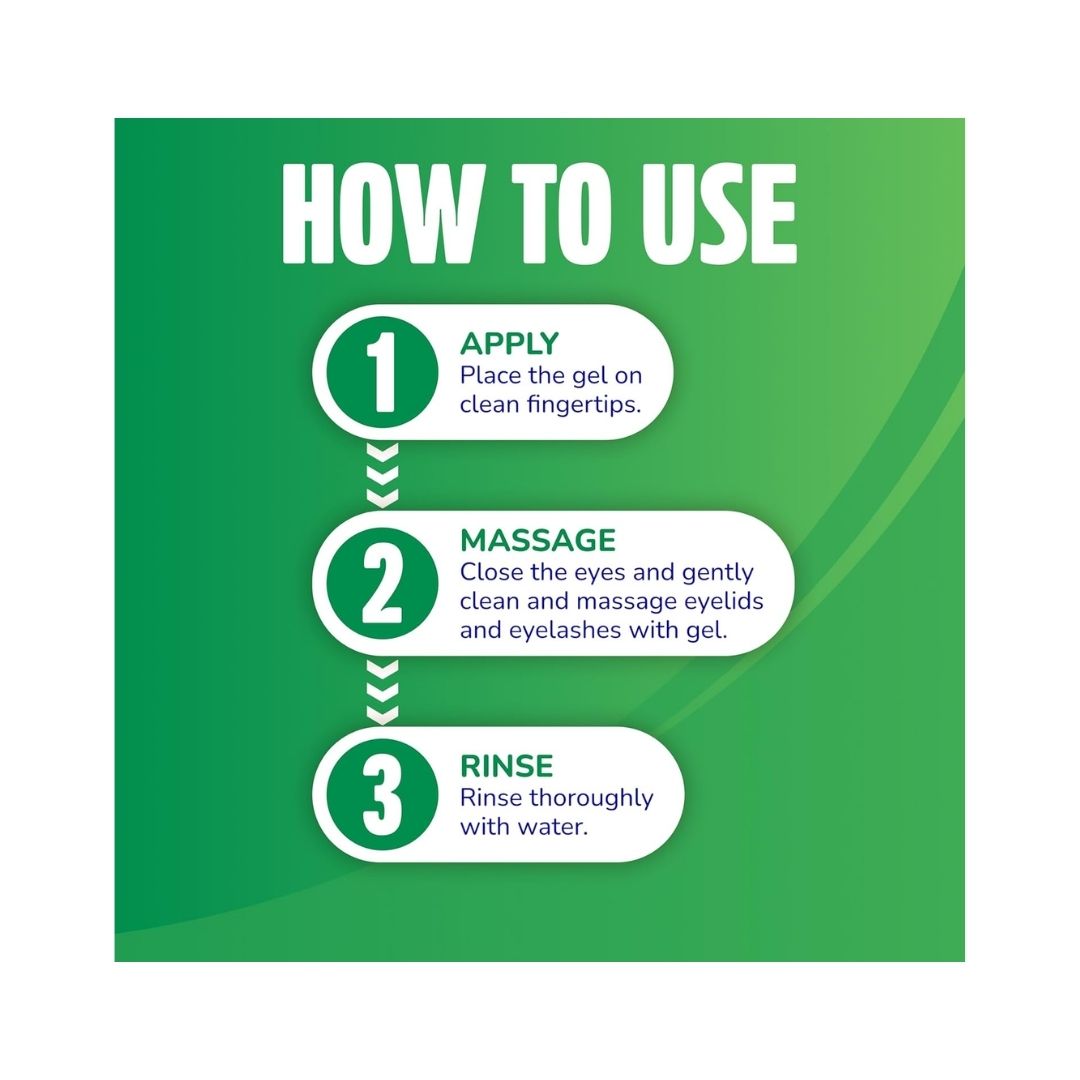 Optase Tea Tree Oil Eyelid Cleansing Gel 'HOW TO USE' graphic on a green background