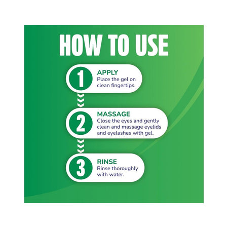 Optase Tea Tree Oil Eyelid Cleansing Gel 'HOW TO USE' graphic on a green background