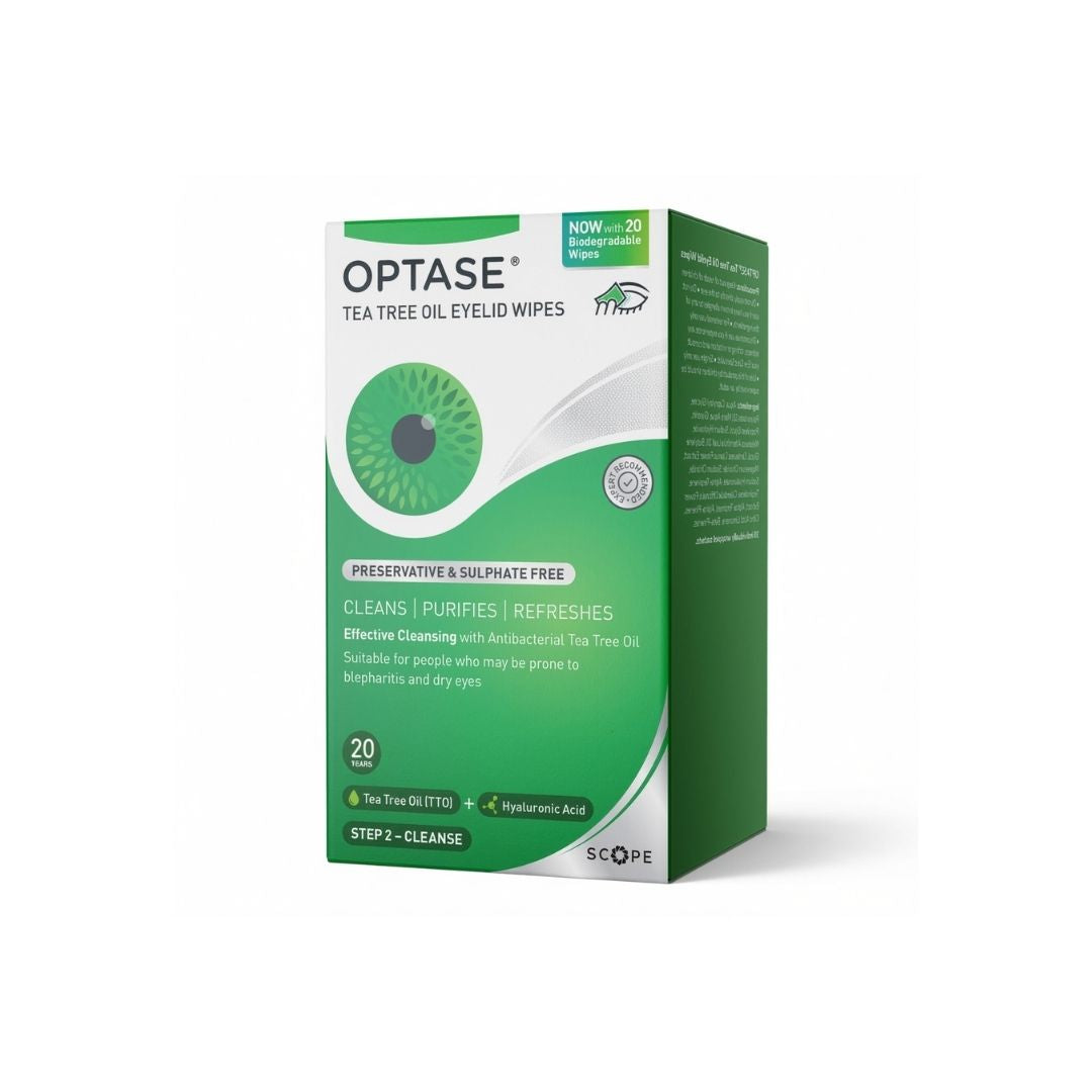Optase Tea Tree Oil Eyelid Cleansing Wipes packaging on a white background