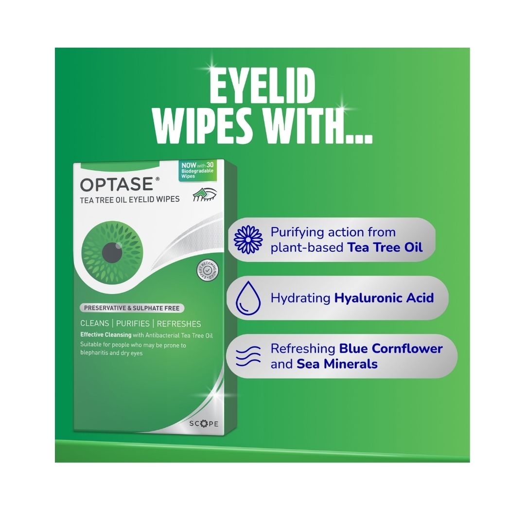 Optase Tea Tree Oil Eyelid Cleansing Wipes on a green background