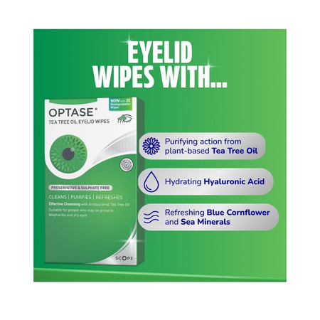 Optase Tea Tree Oil Eyelid Cleansing Wipes on a green background