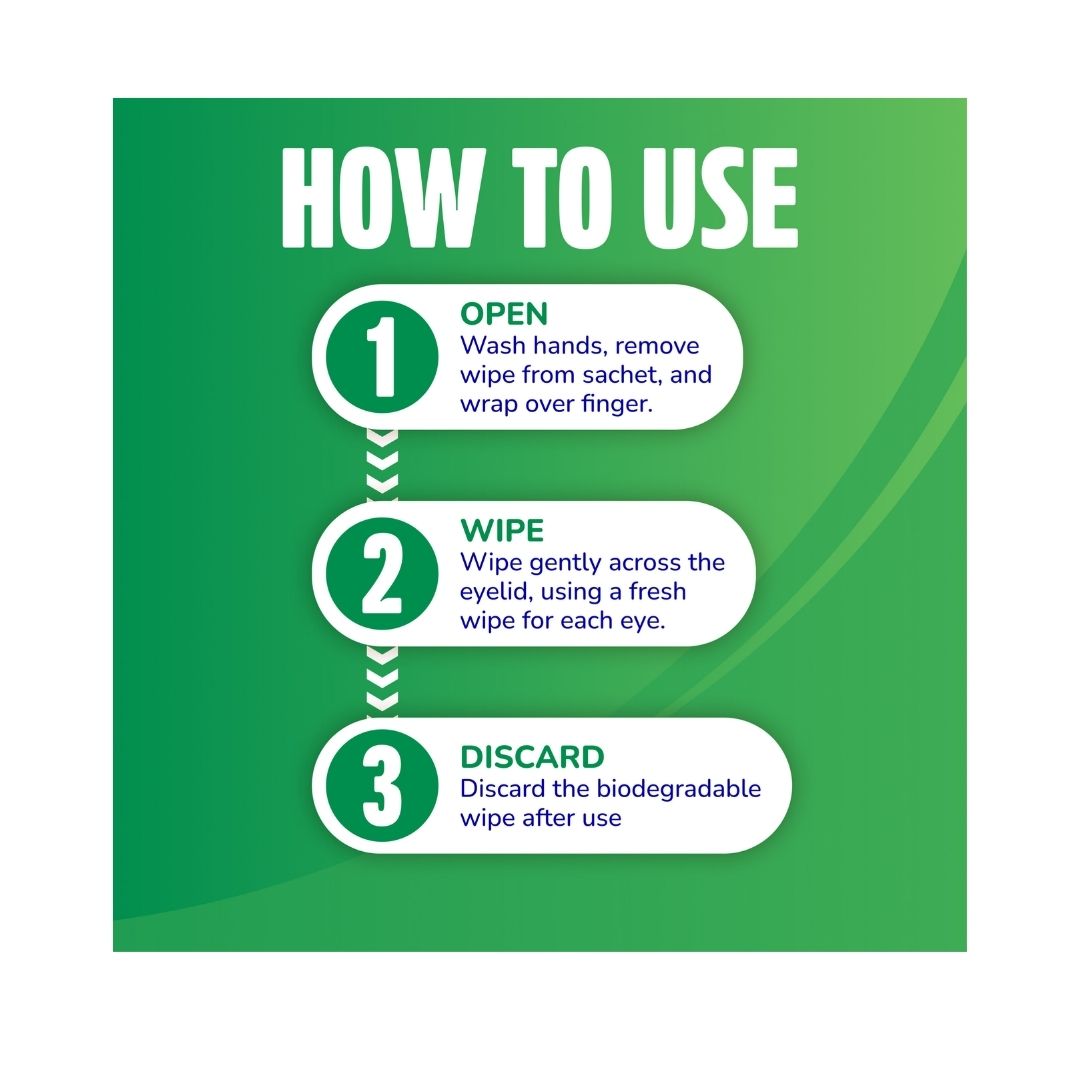 Optase Tea Tree Oil 20 Eyelid Cleansing Wipes 'HOW TO USE' instructions on a green background