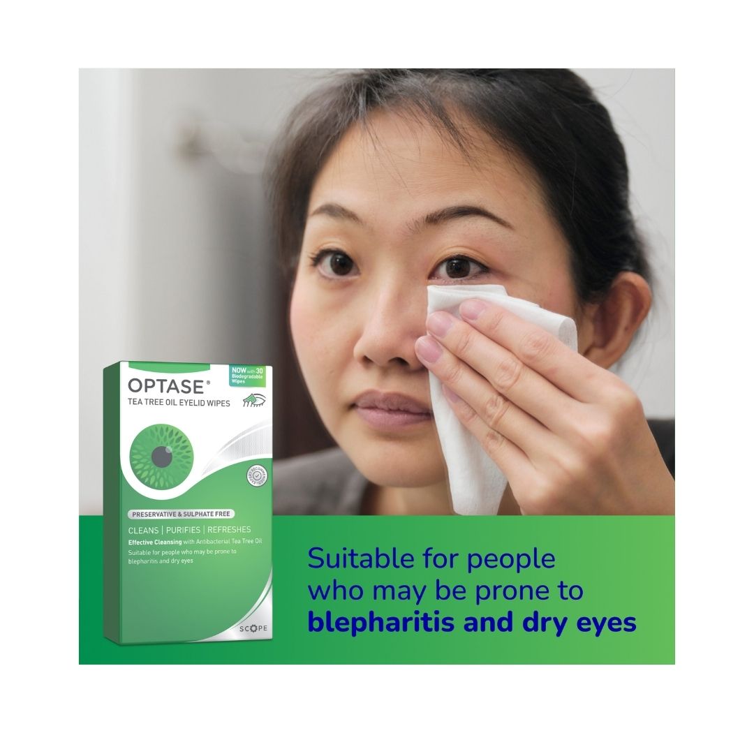 Optase Tea Tree Oil 20 Eyelid Cleansing Wipes 'Suitable for....' image of a woman using the wipes