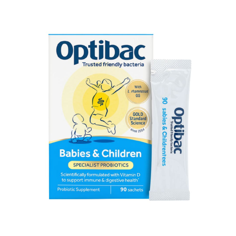 Optibac Babies & Children Digestive Supplement 90 sachets packaging on a white background