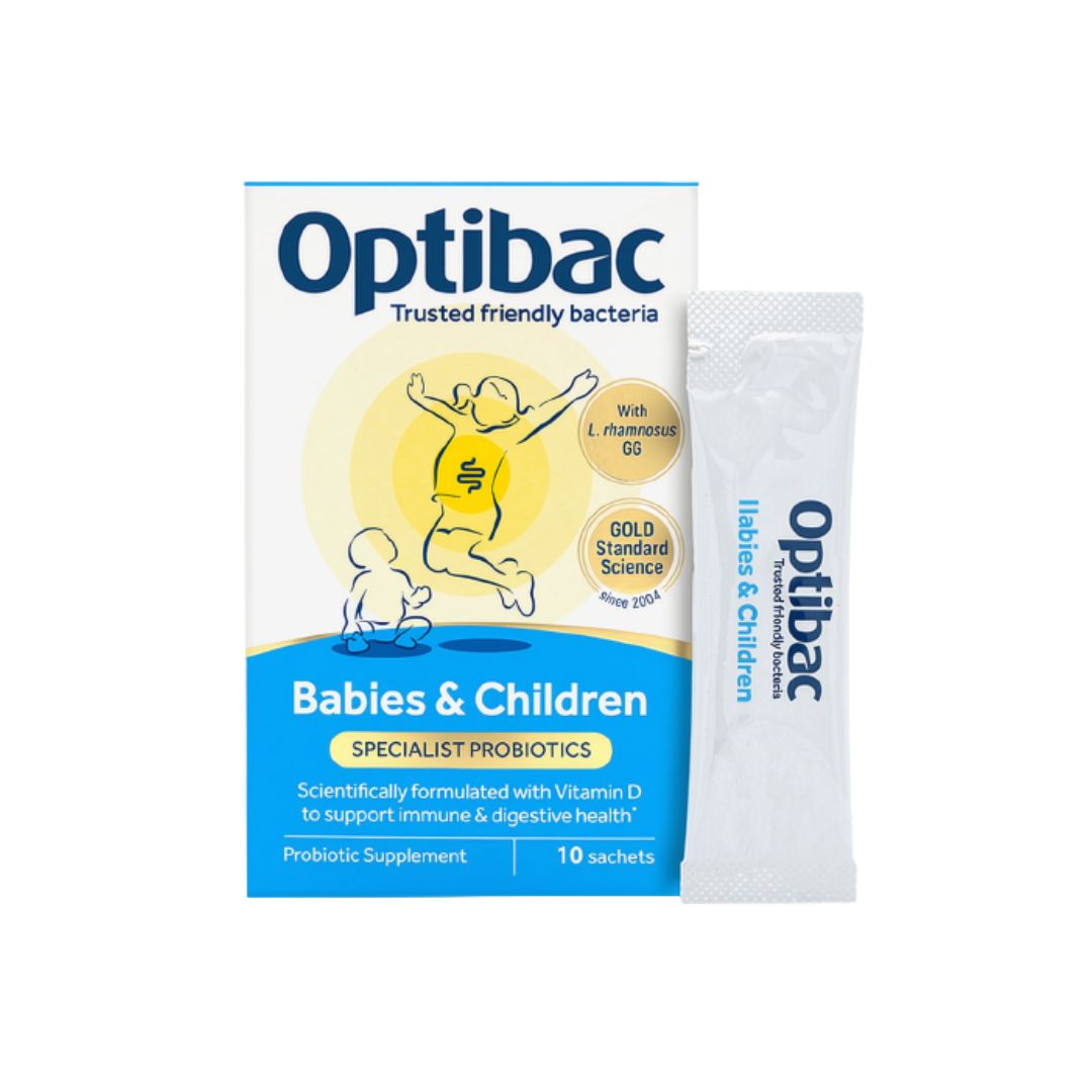 Optibac Babies & Children Digestive Supplement 10 Sachets packaging on a white background
