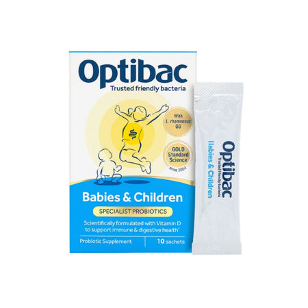 Optibac Babies & Children Digestive Supplement 10 Sachets packaging on a white background