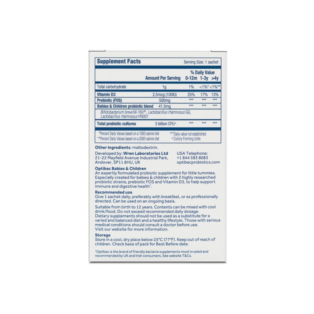Optibac Babies & Children Digestive Supplement 10 Sachets packaging (rear angle) on a white background