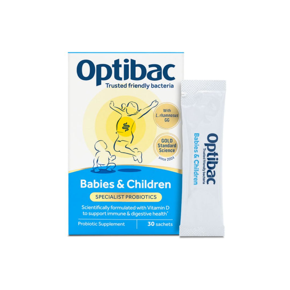 Optibac Babies & Children DIgestive Supplement 30 Sachets packaging front angle on a white background