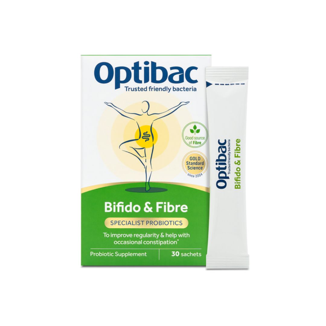 Optibac Bifido & Fibre Digestive Supplement 30 Sachets on a white background