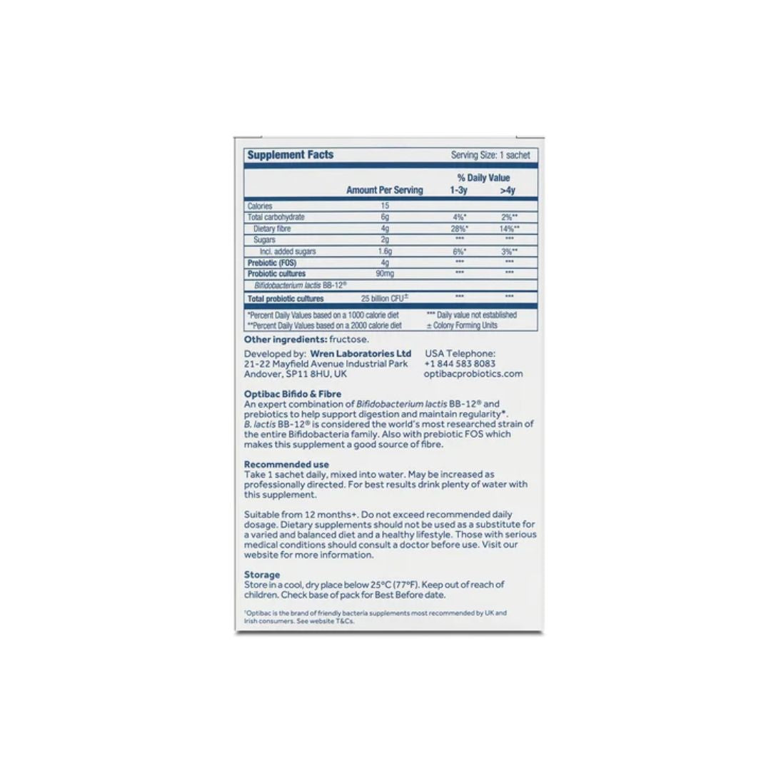 Optibac Bifido & Fibre Digestive Supplement container (rear angle) on a white background