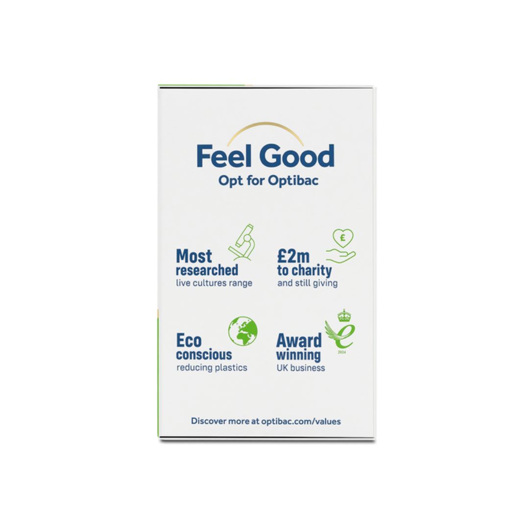 Optibac Bifido & Fibre Digestive Supplement container (side angle) on a white background