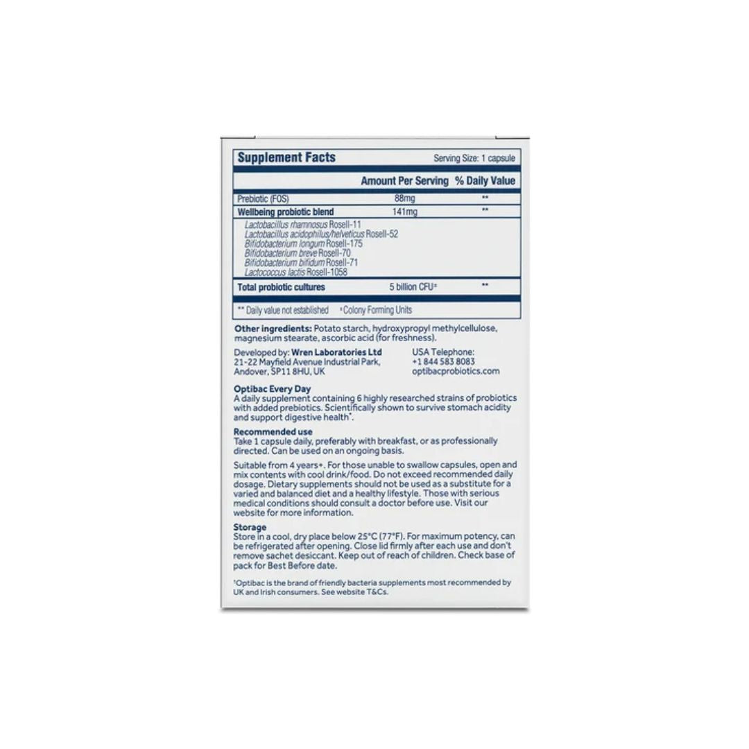Optibac Every Day Digestive Supplement 30 Capsules packaging (rear angle) on a white background