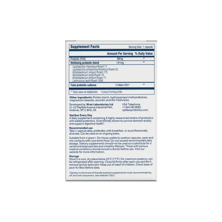 Optibac Every Day Digestive Supplement 30 Capsules packaging (rear angle) on a white background