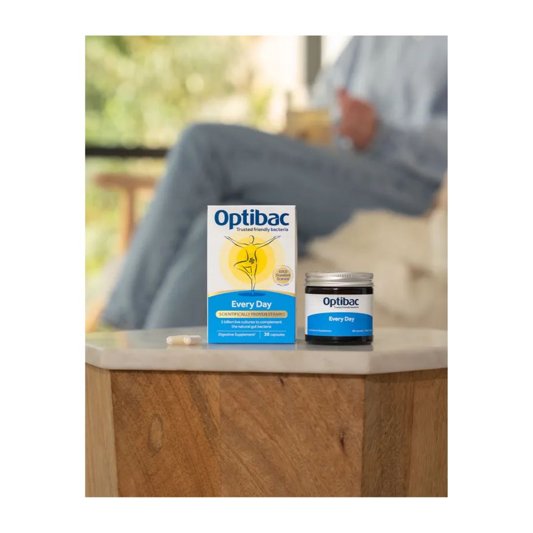 Optibac Every Day Digestive Supplement 30 Capsules packaging and bottle on a table