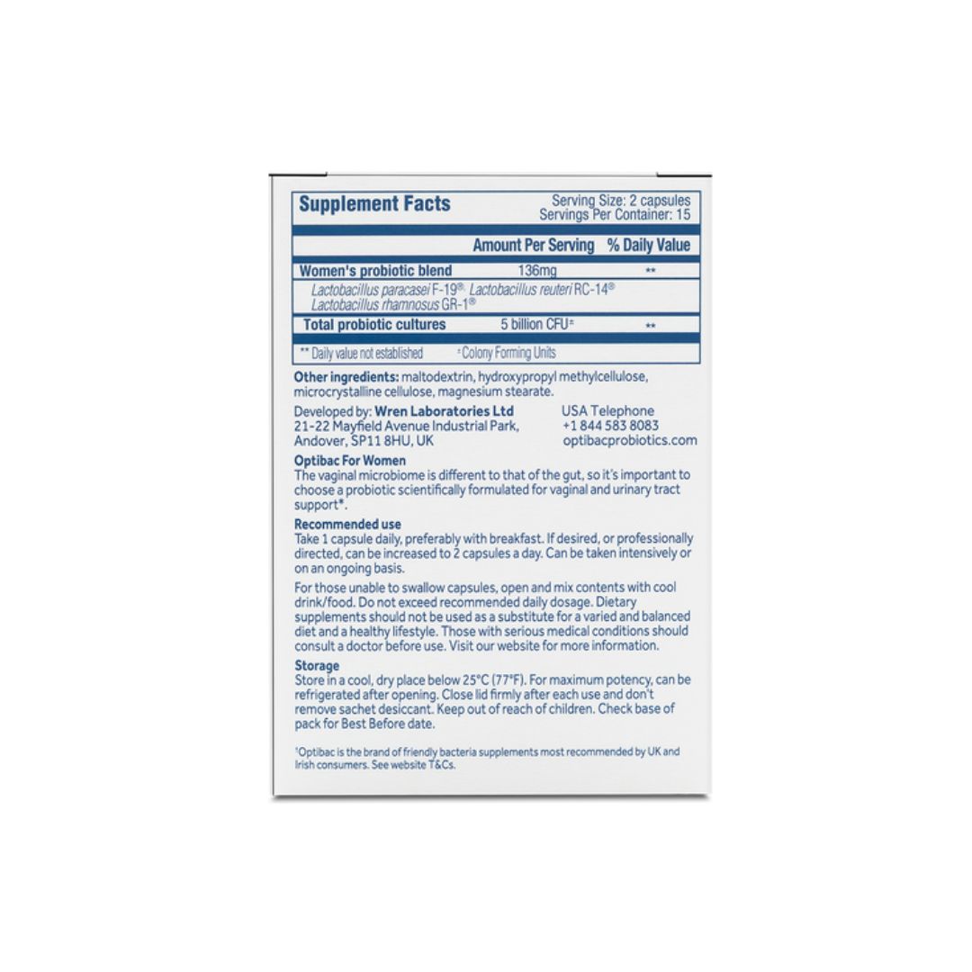 Optibac For Women Probiotic Supplement packaging (rear angle) on a white background