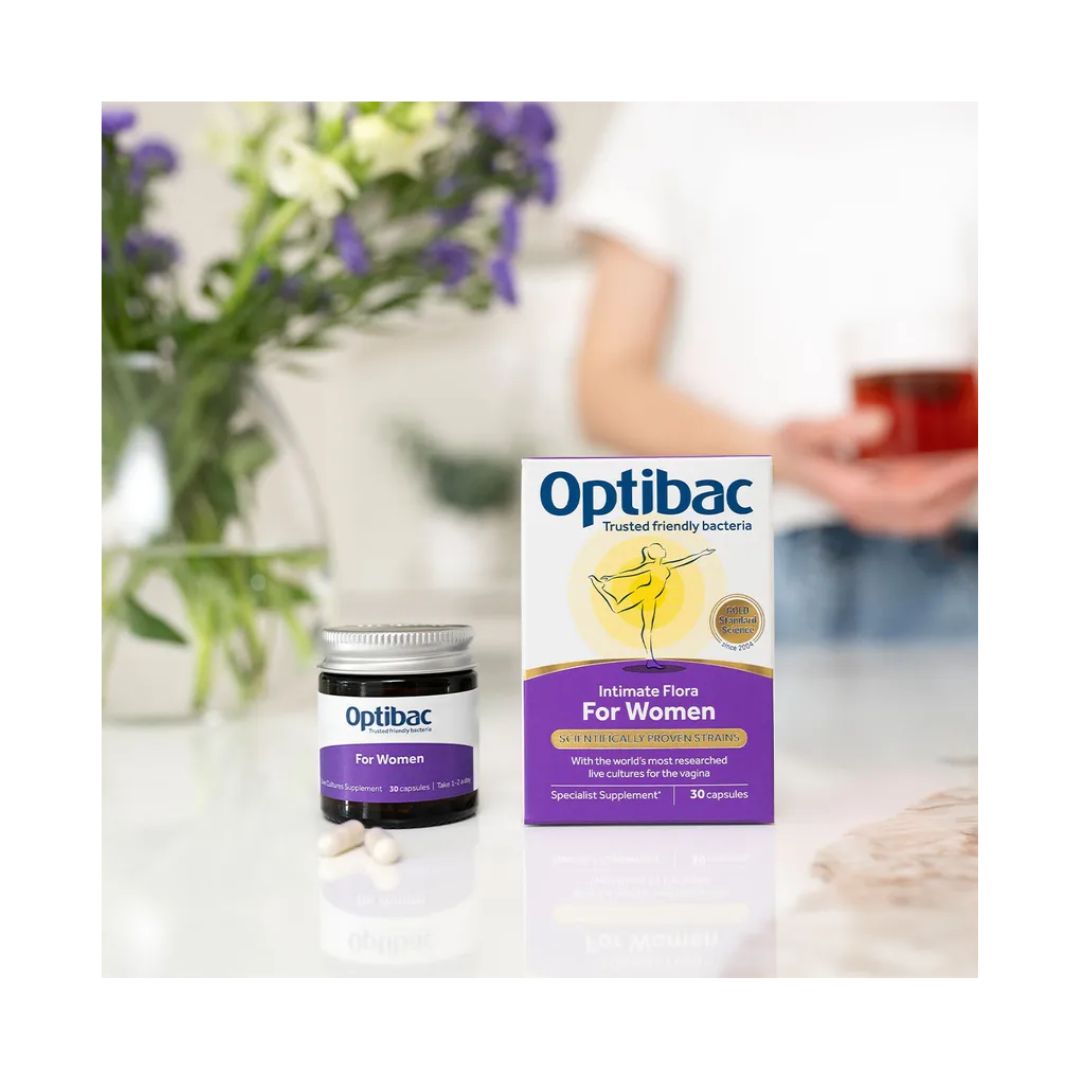 Optibac For Women Probiotic Supplement 30 Capsules packaging and container on a kitchen top