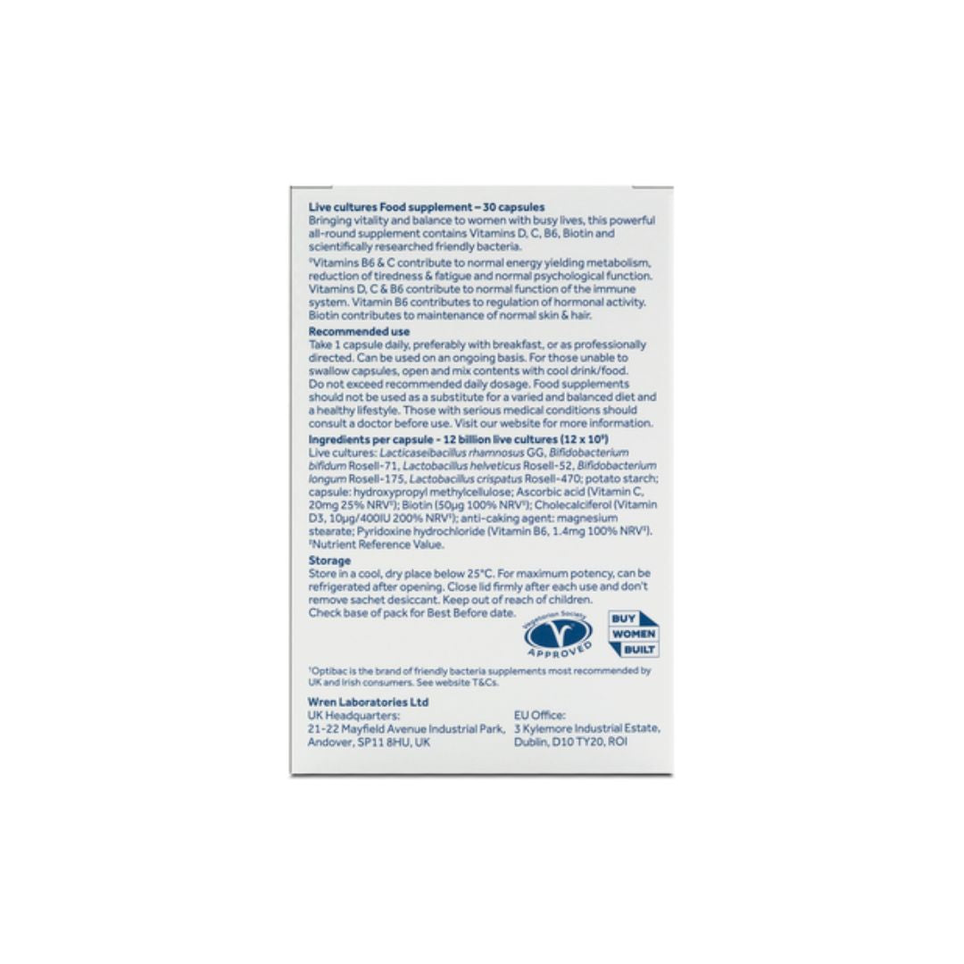 Optibac Women's Wellbeing (packaging information) on a white background